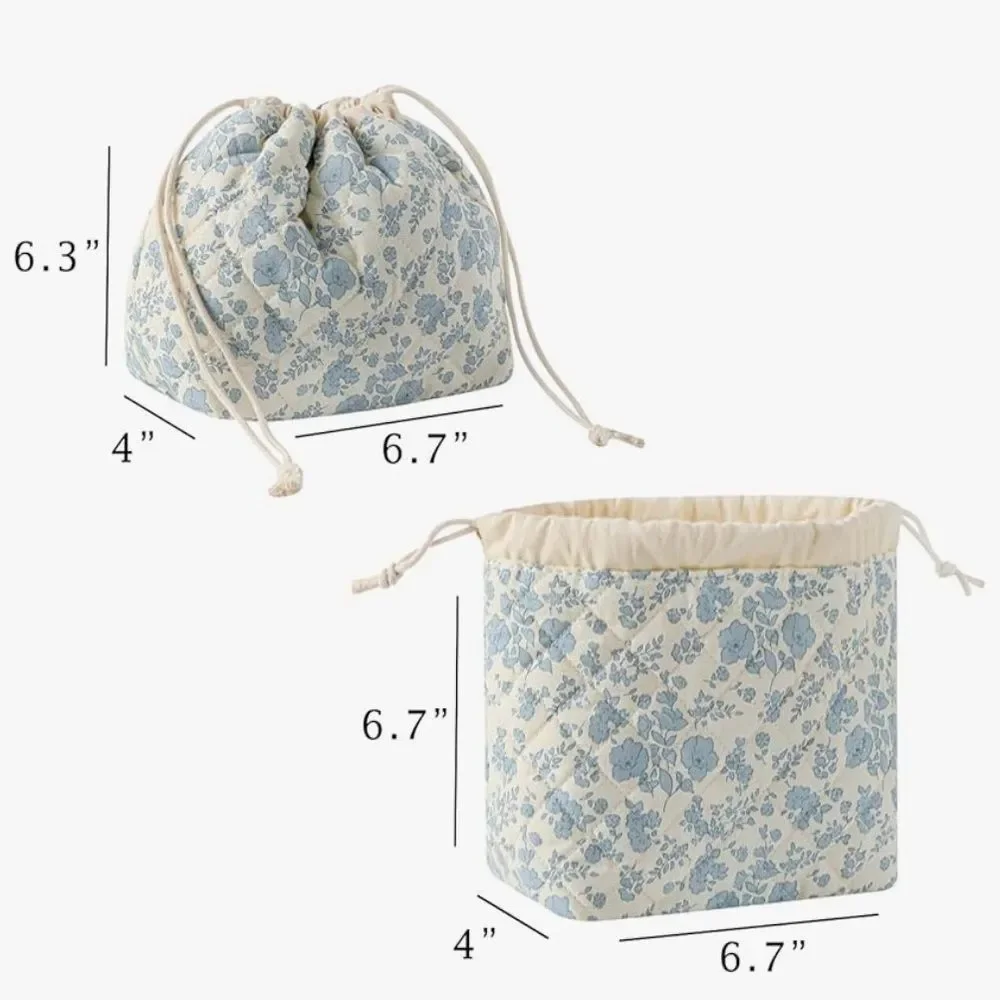 NEW Floral Cotton Quilted Drawstring Makeup Bag with Canvas Lining